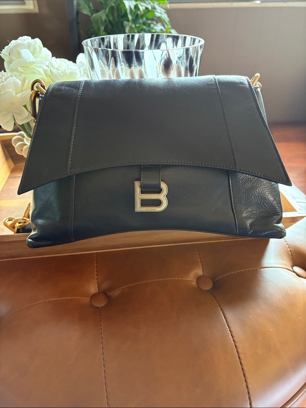 Balenciaga Black Leather 'B' Flap Crossbody with Gold Hardware